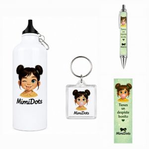 pack mimidots con botella, llavero, bolígrafo y marcapáginas