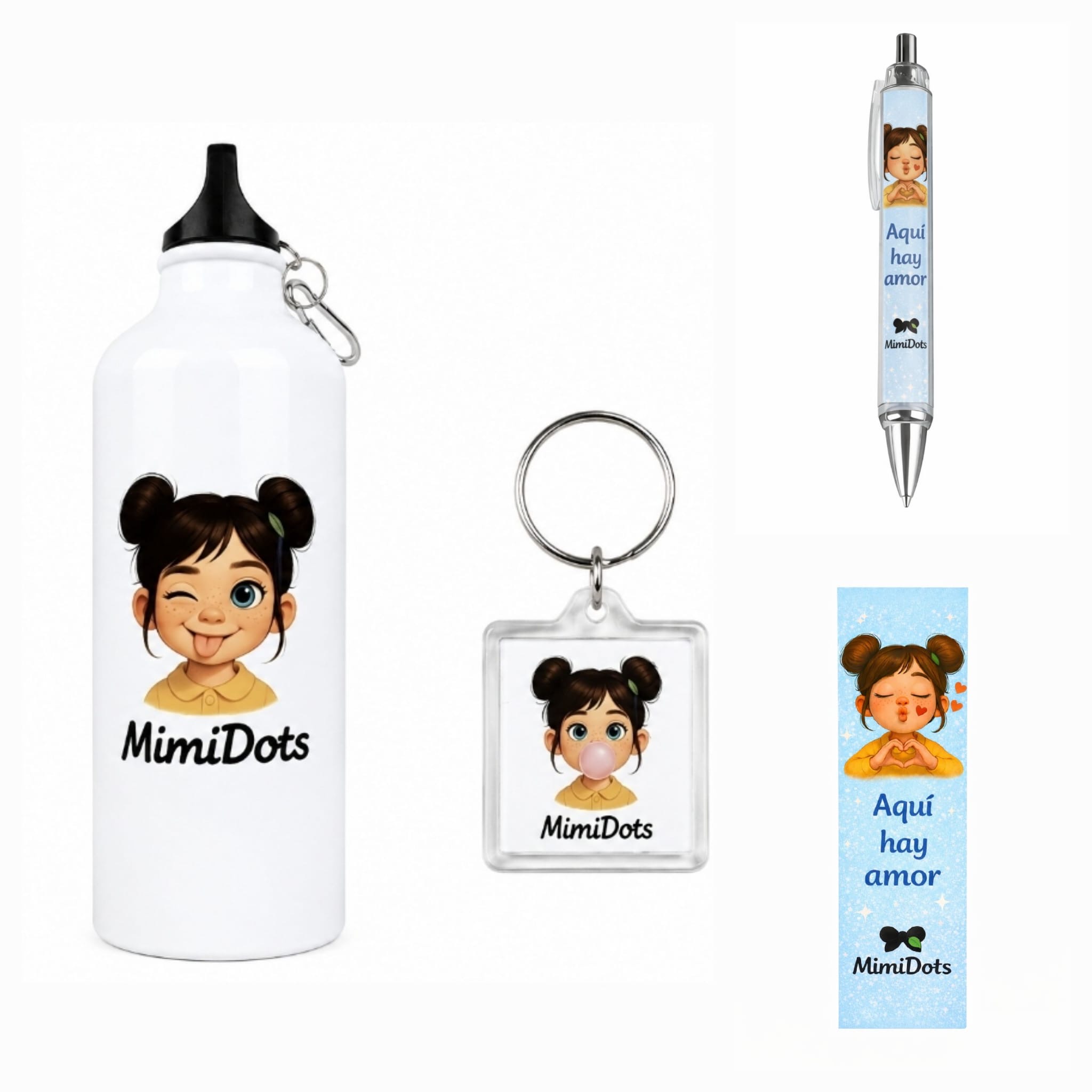pack mimidots con botella, llavero, bolígrafo y marcapáginas pack mimidots con botella, llavero, bolígrafo y marcapáginas