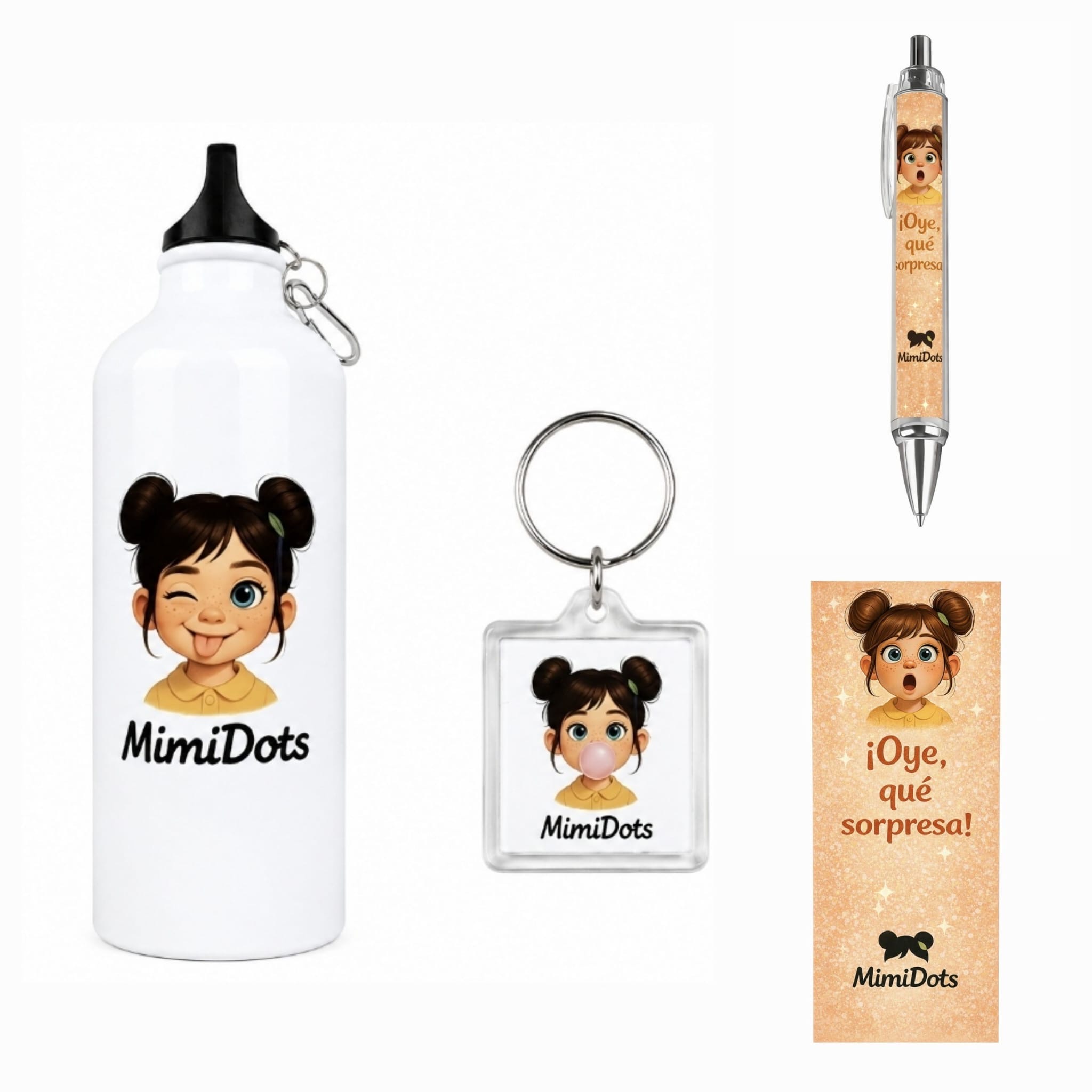 pack mimidots con botella, llavero, bolígrafo y marcapáginas pack mimidots con botella, llavero, bolígrafo y marcapáginas