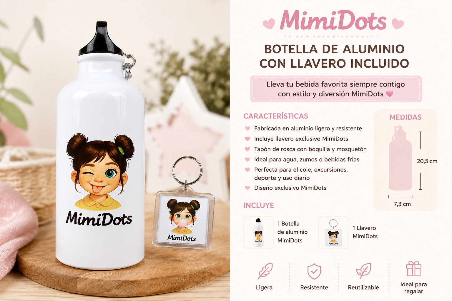 botella de aluminio mimidots + llavero botella de aluminio mimidots + llavero